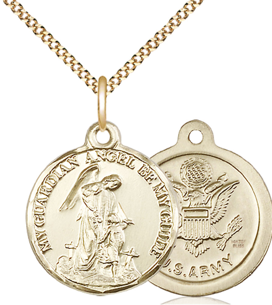 14kt Gold Filled Guardian Angel Army Pendant on a 18 inch Gold Plate Light Curb chain