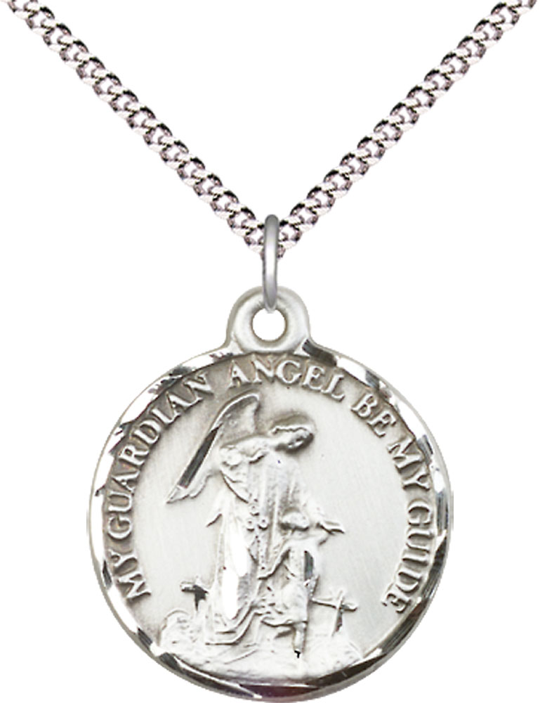 Sterling Silver Guardian Angel Pendant on a 18 inch Light Rhodium Light Curb chain