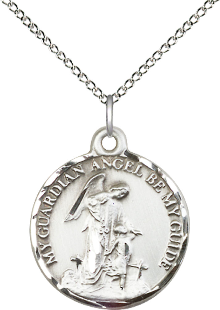 Sterling Silver Guardian Angel Pendant on a 18 inch Sterling Silver Light Curb chain