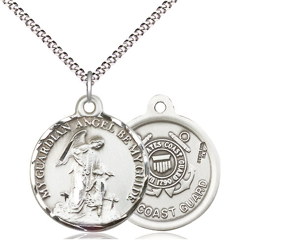 Sterling Silver Guardian Angel Coast Guard Pendant on a 18 inch Light Rhodium Light Curb chain