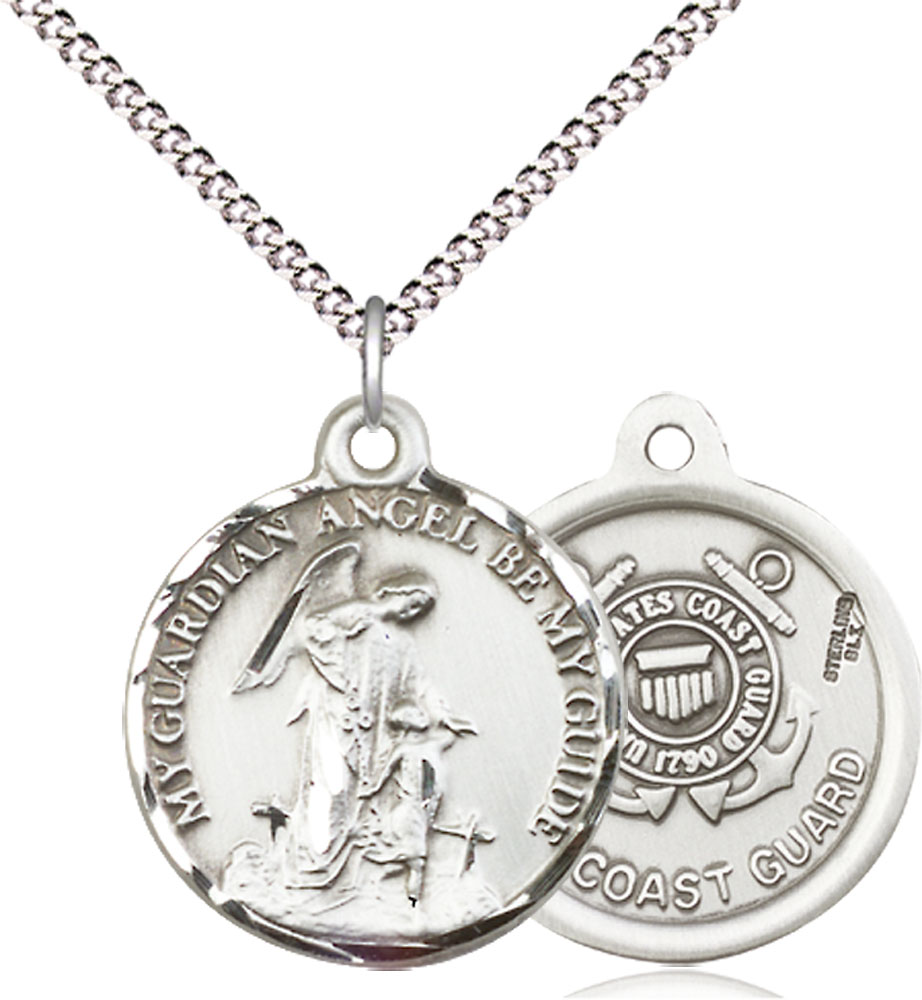 Sterling Silver Guardian Angel Coast Guard Pendant on a 18 inch Light Rhodium Light Curb chain