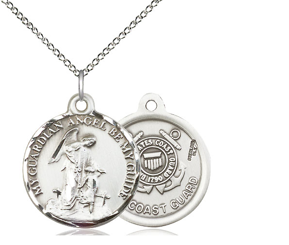 Sterling Silver Guardian Angel Coast Guard Pendant on a 18 inch Sterling Silver Light Curb chain