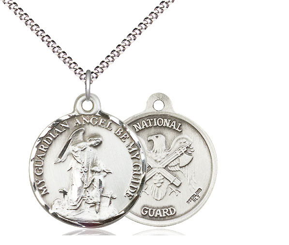Sterling Silver Guardain Angel National Guard Pendant on a 18 inch Light Rhodium Light Curb chain