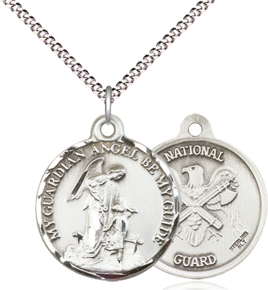 Sterling Silver Guardain Angel National Guard Pendant on a 18 inch Light Rhodium Light Curb chain