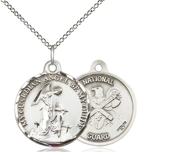 Sterling Silver Guardain Angel National Guard Pendant on a 18 inch Sterling Silver Light Curb chain