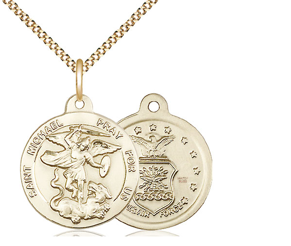 14kt Gold Filled Saint Michael Air Force Pendant on a 18 inch Gold Plate Light Curb chain