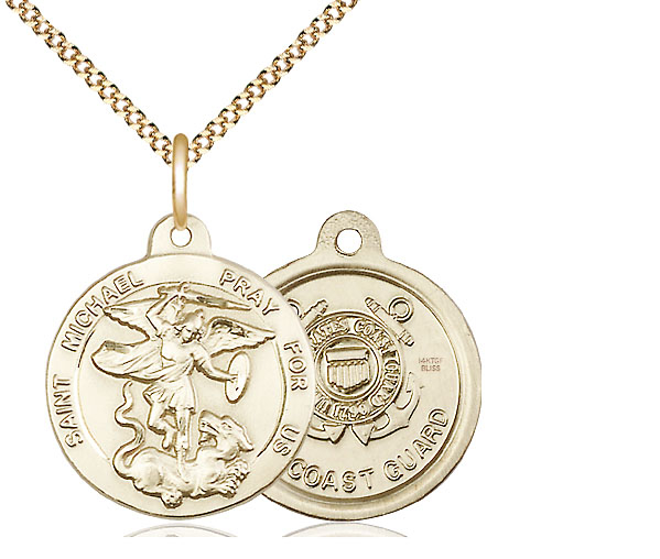 14kt Gold Filled Saint Michael Coast Guard Pendant on a 18 inch Gold Plate Light Curb chain