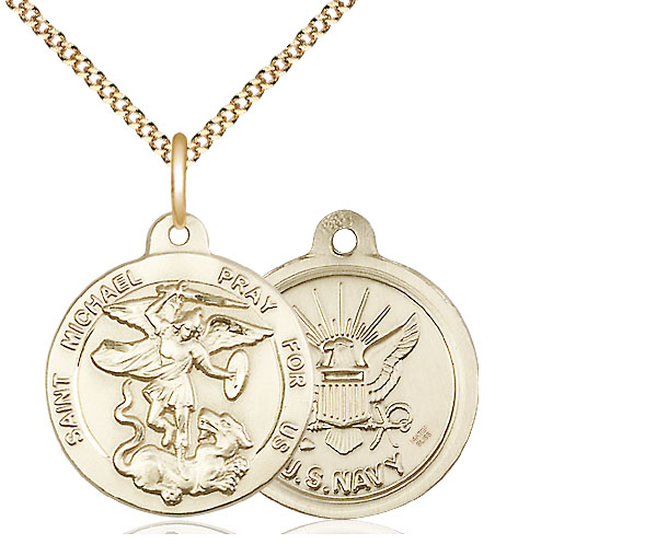 14kt Gold Filled Saint Michael Navy Pendant on a 18 inch Gold Plate Light Curb chain