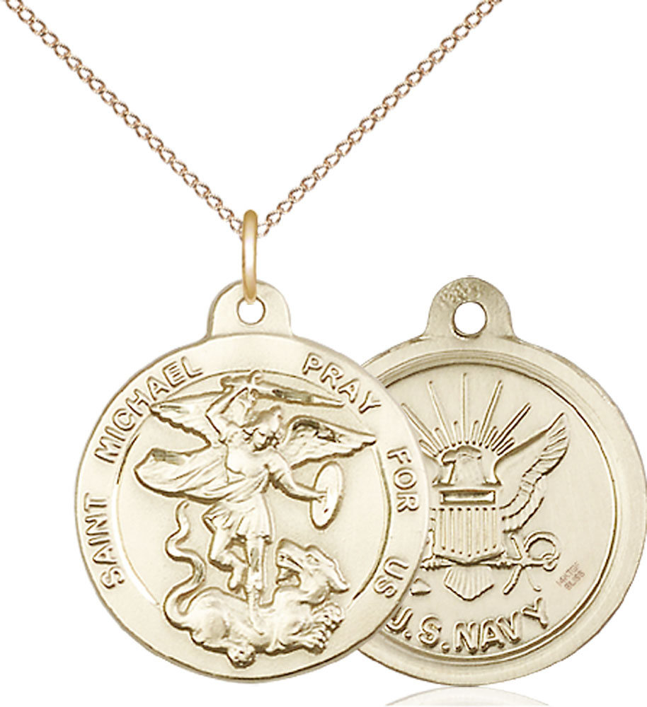 14kt Gold Filled Saint Michael Navy Pendant on a 18 inch Gold Filled Light Curb chain