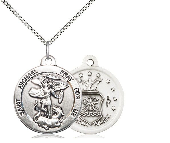 Sterling Silver Saint Michael Air Force Pendant on a 18 inch Sterling Silver Light Curb chain