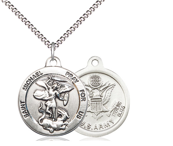 Sterling Silver Saint Michael Army Pendant on a 18 inch Light Rhodium Light Curb chain