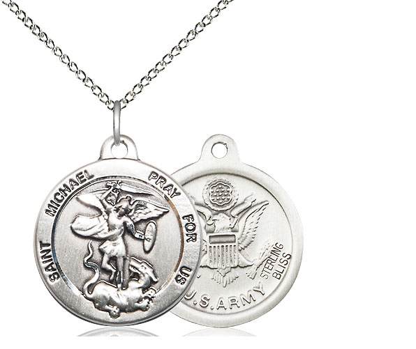 Sterling Silver Saint Michael Army Pendant on a 18 inch Sterling Silver Light Curb chain