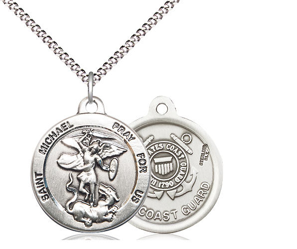 Sterling Silver Saint Michael Coast Guard Pendant on a 18 inch Light Rhodium Light Curb chain