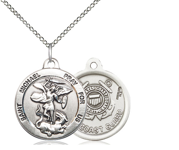 Sterling Silver Saint Michael Coast Guard Pendant on a 18 inch Sterling Silver Light Curb chain