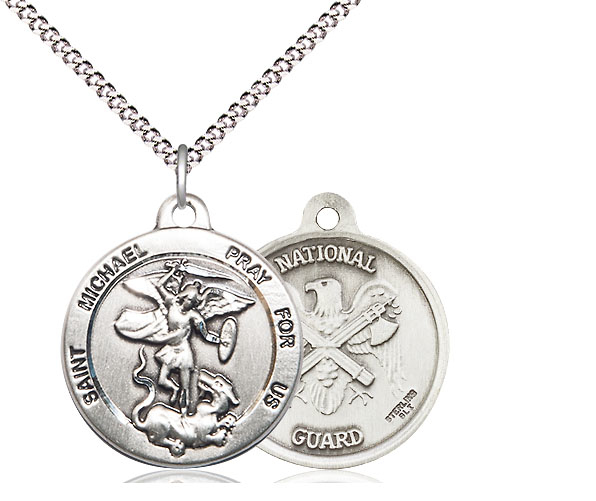 Sterling Silver Saint Michael National Guard Pendant on a 18 inch Light Rhodium Light Curb chain