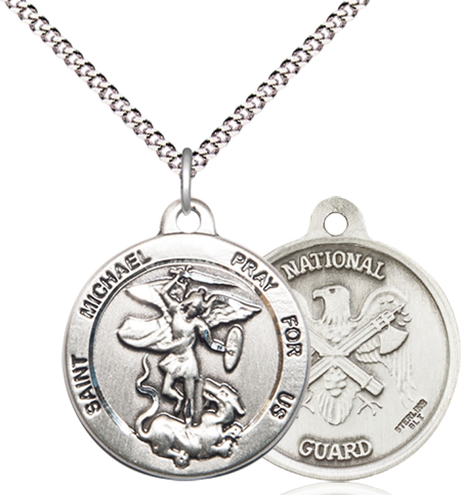 Sterling Silver Saint Michael National Guard Pendant on a 18 inch Light Rhodium Light Curb chain
