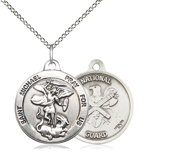 Sterling Silver Saint Michael National Guard Pendant on a 18 inch Sterling Silver Light Curb chain