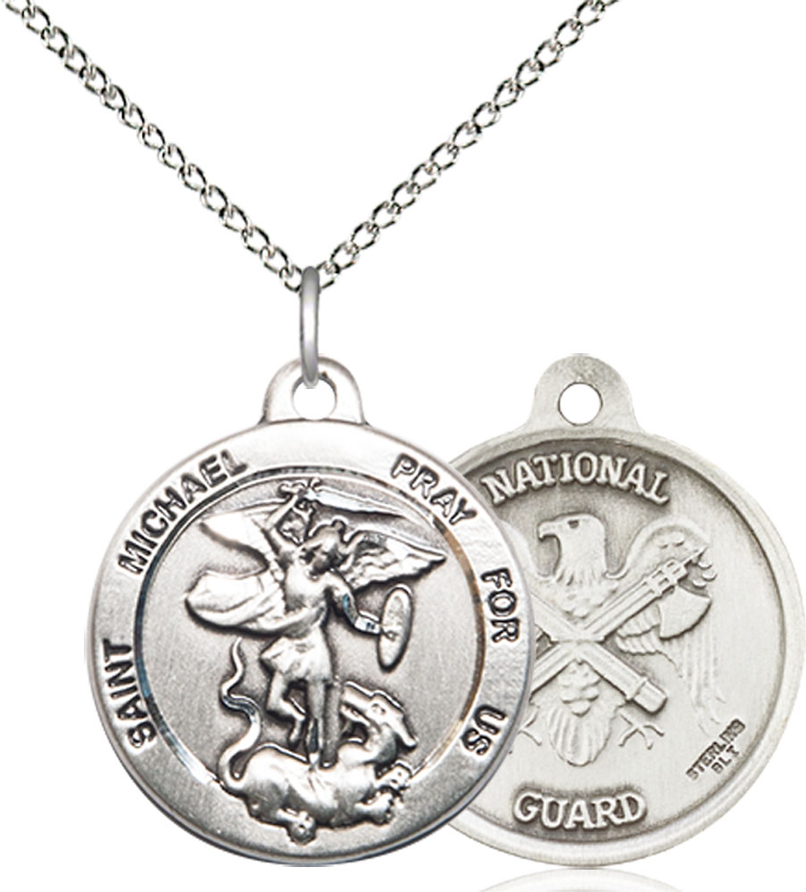 Sterling Silver Saint Michael National Guard Pendant on a 18 inch Sterling Silver Light Curb chain