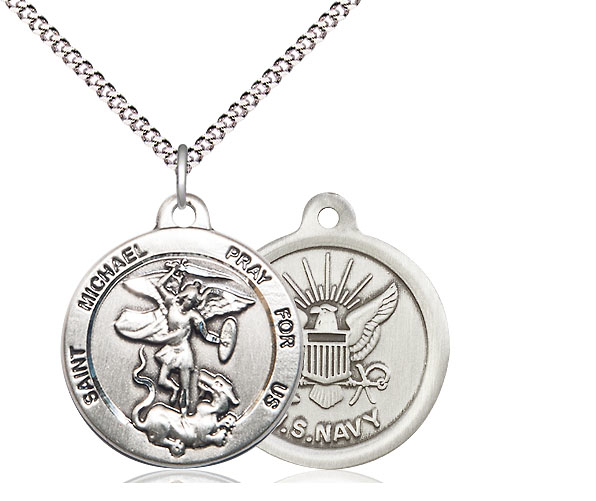 Sterling Silver Saint Michael Navy Pendant on a 18 inch Light Rhodium Light Curb chain