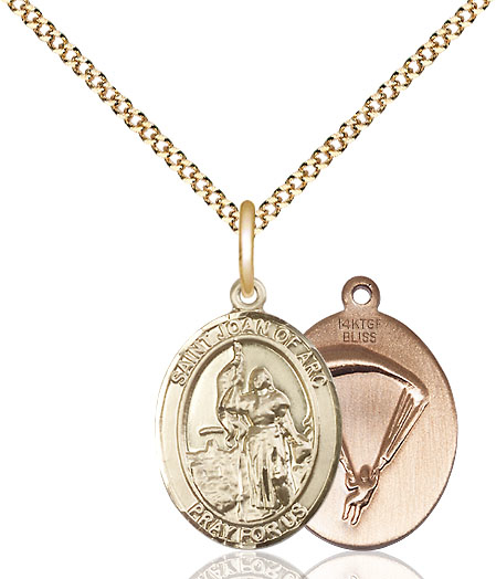 14kt Gold Filled Saint Joan of Arc Paratrooper Pendant on a 18 inch Gold Plate Light Curb chain