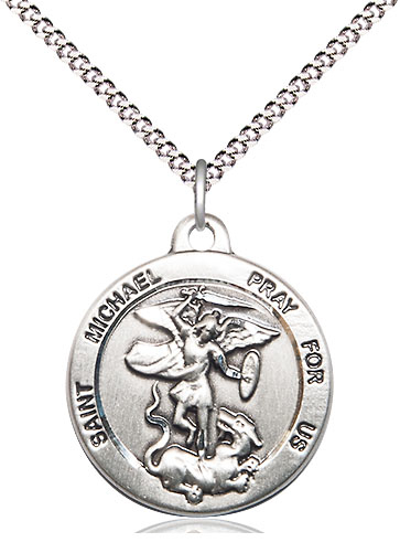 Sterling Silver Saint Michael the Archangel Pendant on a 18 inch Light Rhodium Light Curb chain