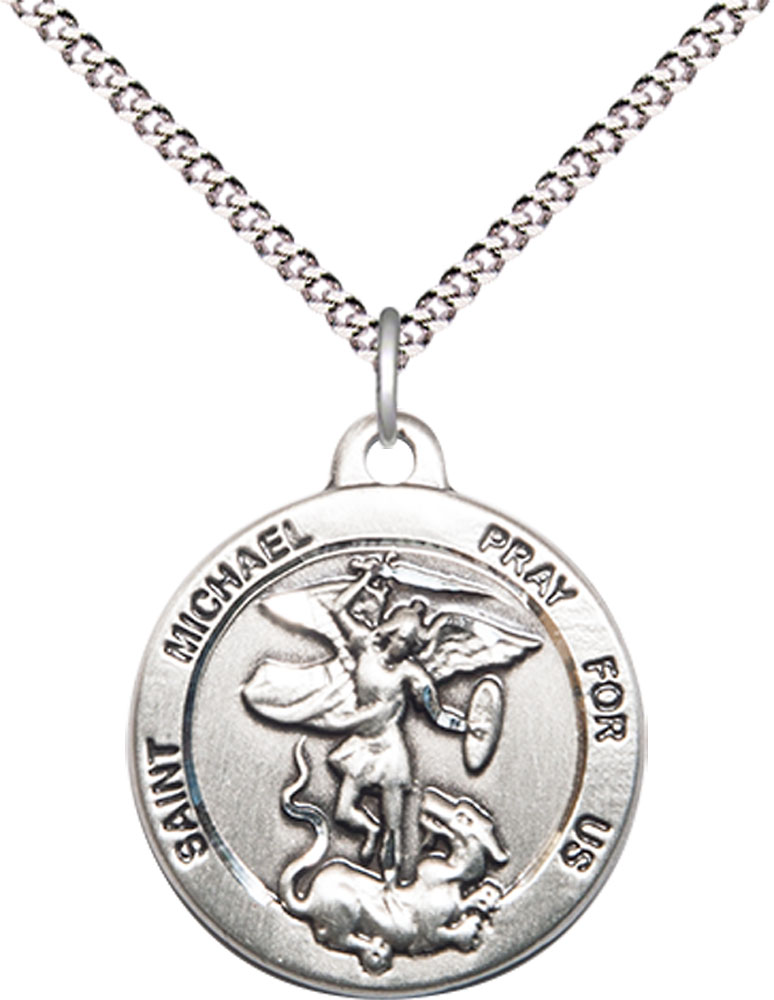 Sterling Silver Saint Michael the Archangel Pendant on a 18 inch Light Rhodium Light Curb chain