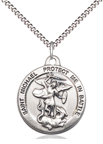 Sterling Silver Saint Michael the Archangel Pendant on a 18 inch Light Rhodium Light Curb chain