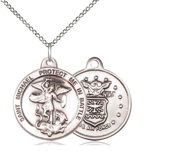 Sterling Silver Saint Michael Air Force Pendant on a 18 inch Sterling Silver Light Curb chain