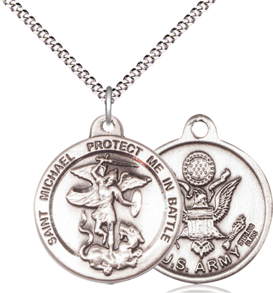 Sterling Silver Saint Michael Army Pendant on a 18 inch Light Rhodium Light Curb chain