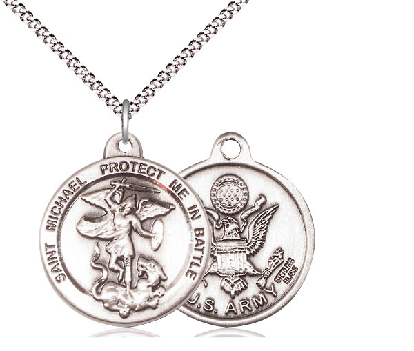 Sterling Silver Saint Michael Army Pendant on a 18 inch Light Rhodium Light Curb chain