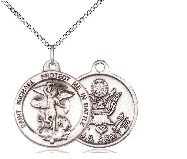 Sterling Silver Saint Michael Army Pendant on a 18 inch Sterling Silver Light Curb chain