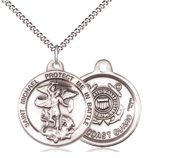 Sterling Silver Saint Michael Coast Guard Pendant on a 18 inch Light Rhodium Light Curb chain