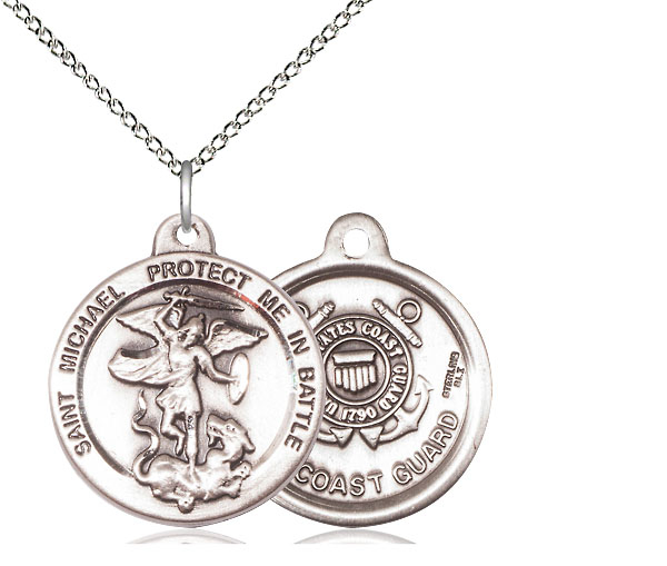 Sterling Silver Saint Michael Coast Guard Pendant on a 18 inch Sterling Silver Light Curb chain