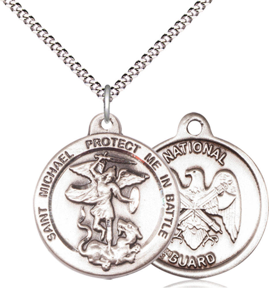 Sterling Silver Saint Michael National Guard Pendant on a 18 inch Light Rhodium Light Curb chain