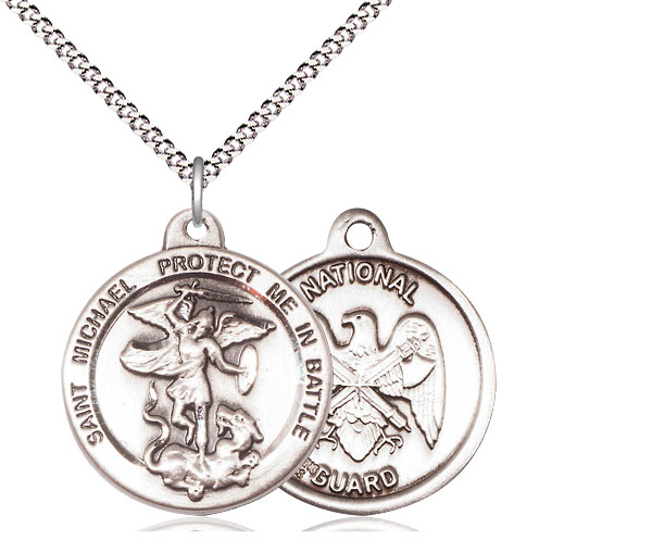 Sterling Silver Saint Michael National Guard Pendant on a 18 inch Light Rhodium Light Curb chain