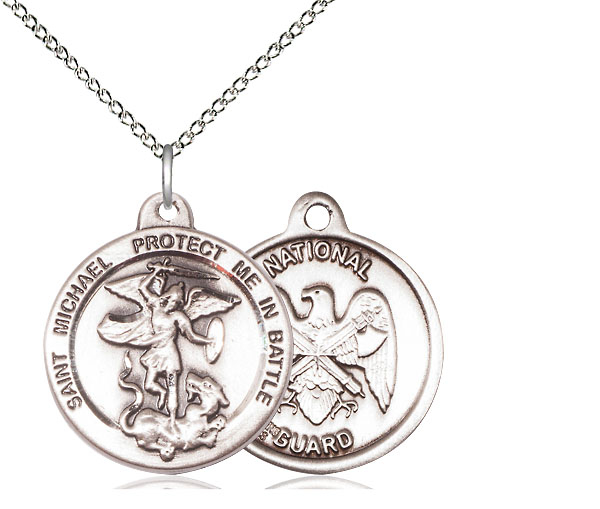 Sterling Silver Saint Michael National Guard Pendant on a 18 inch Sterling Silver Light Curb chain