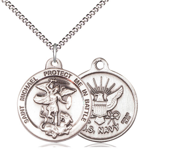 Sterling Silver Saint Michael Navy Pendant on a 18 inch Light Rhodium Light Curb chain