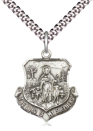 Sterling Silver Lord Is My Shepherd Pendant on a 24 inch Light Rhodium Heavy Curb chain