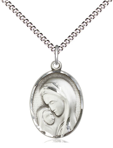 Sterling Silver Madonna &amp; Child Pendant on a 18 inch Light Rhodium Light Curb chain