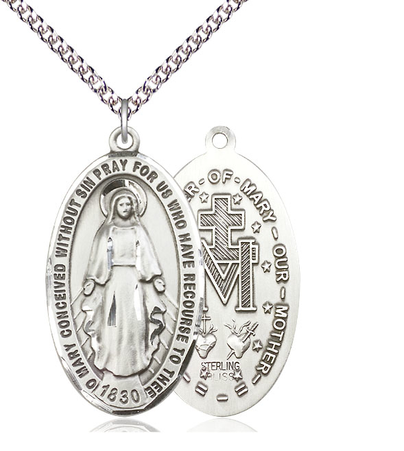 Sterling Silver Miraculous Pendant on a 24 inch Sterling Silver Heavy Curb chain