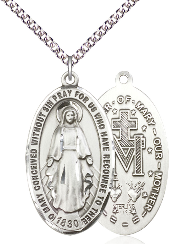 Sterling Silver Miraculous Pendant on a 24 inch Sterling Silver Heavy Curb chain