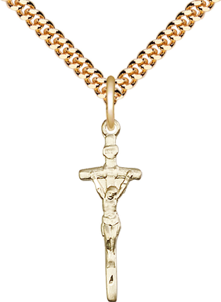 14kt Gold Filled Papal Crucifix Pendant on a 24 inch Gold Plate Heavy Curb chain