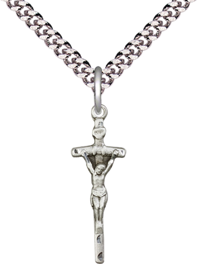 Sterling Silver Papal Crucifix Pendant on a 24 inch Light Rhodium Heavy Curb chain