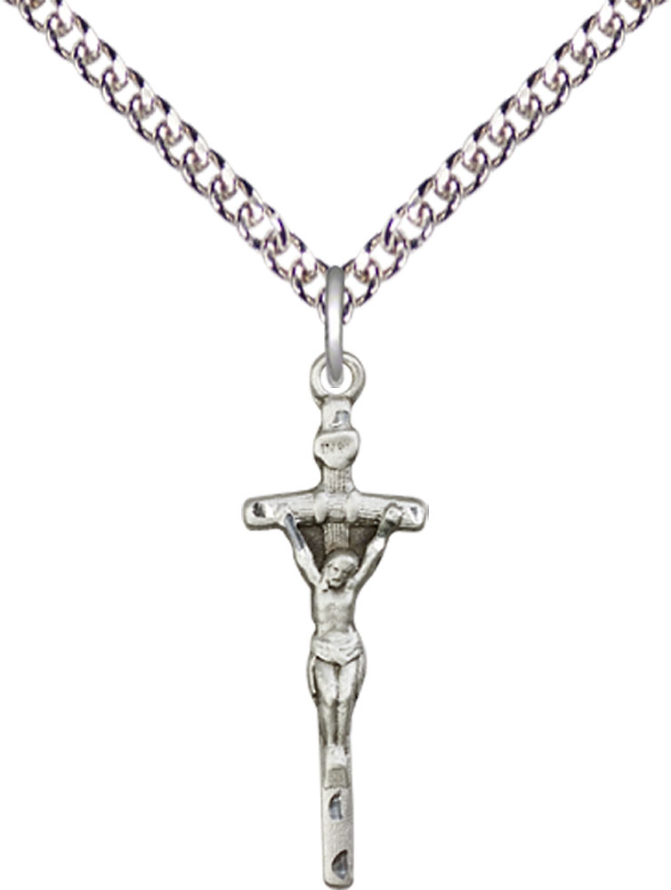 Sterling Silver Papal Crucifix Pendant on a 24 inch Sterling Silver Heavy Curb chain