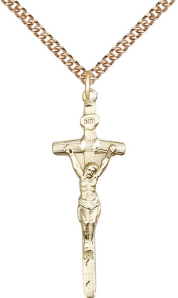 14kt Gold Filled Papal Crucifix Pendant on a 24 inch Gold Filled Heavy Curb chain