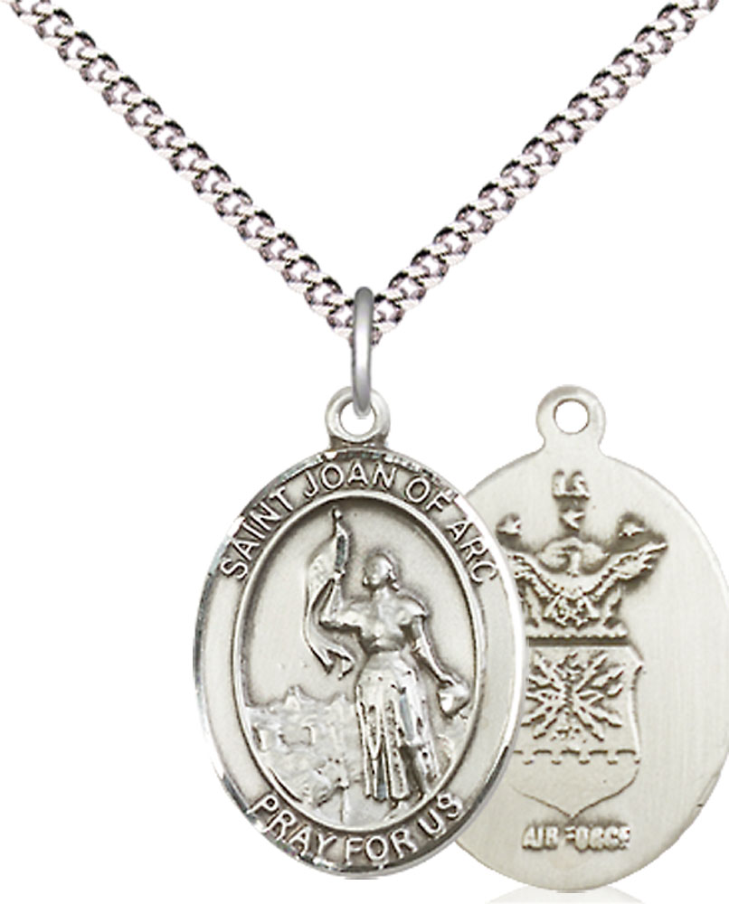 Sterling Silver Saint Joan of Arc Air Force Pendant on a 18 inch Light Rhodium Light Curb chain