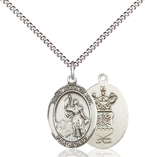 Sterling Silver Saint Joan of Arc Air Force Pendant on a 18 inch Light Rhodium Light Curb chain