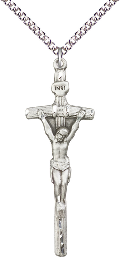 Sterling Silver Papal Crucifix Pendant on a 24 inch Sterling Silver Heavy Curb chain
