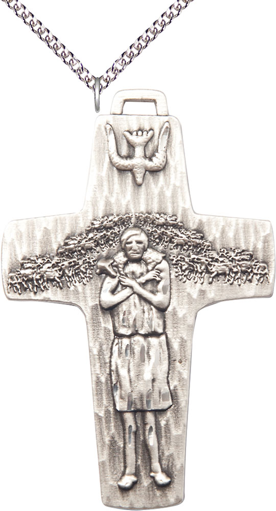 Sterling Silver Papal Crucifix Pendant on a 24 inch Sterling Silver Heavy Curb chain