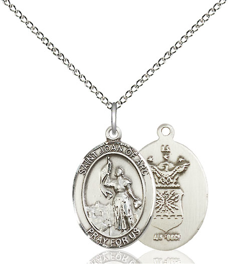 Sterling Silver Saint Joan of Arc Air Force Pendant on a 18 inch Sterling Silver Light Curb chain